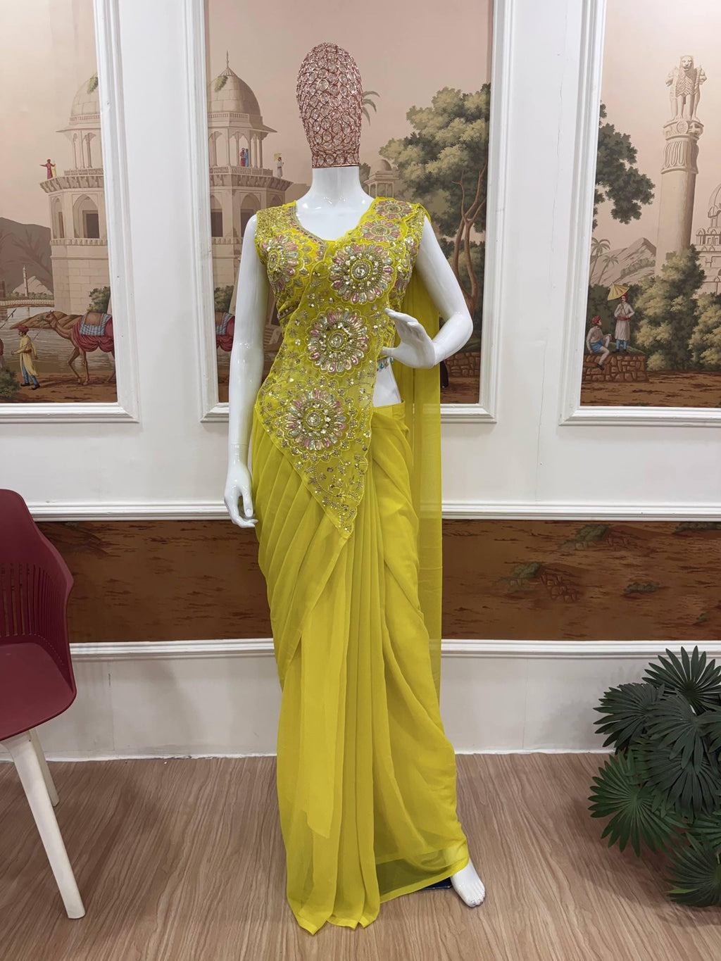 Ready-to-Wear Yellow Faux Georgette Drape Saree with Sequins Work, Stitched Blouse
