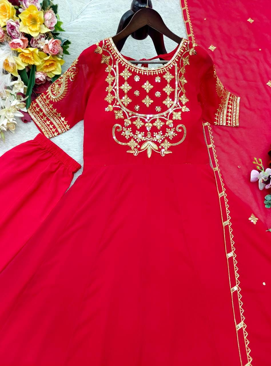 Pure Red Fox Georgette 5mm Sequence Embroidery Gown Pant Set | Stitched Anarkali Suit | Indian Wedding Party Wear Dress for Women