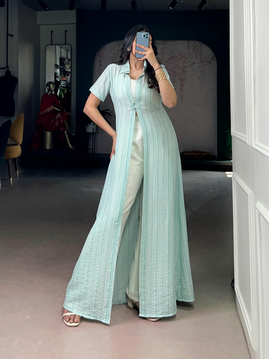 3 Piece Orchid Co Ord Set, Striped Long Shrug Jacket, Indowestern Palazzo Outfit