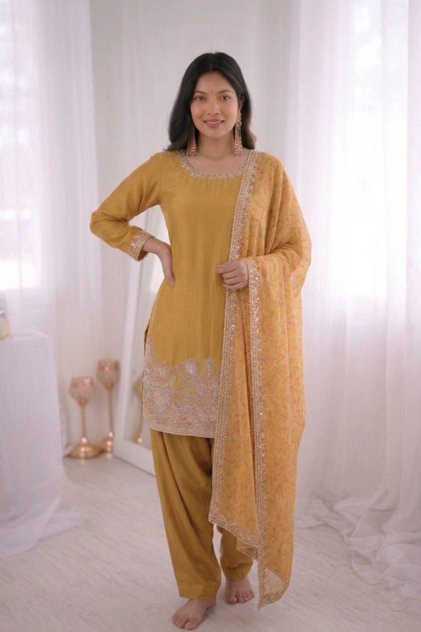 Yellow French Crepe Silk Embroidered Top, Bottom, Dupatta Set (Ready to Wear)