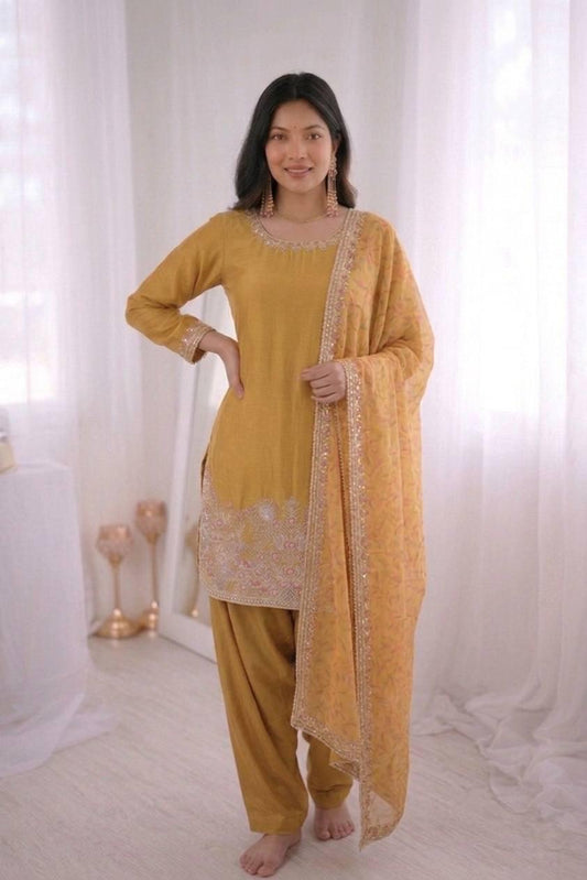 Yellow French Crepe Silk Embroidered Top, Bottom, Dupatta Set (Ready to Wear)