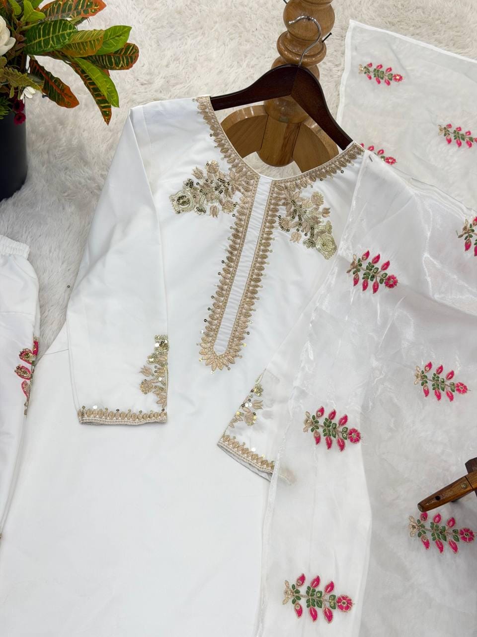 White Crepe Silk Salwar Kameez, Sequence Embroidery, Ready-to-Wear Indian Outfit, Farshi Pant