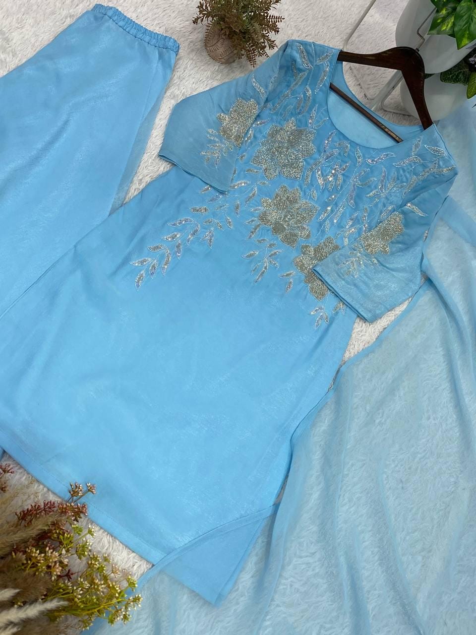 Designer Firozi Blue Embroidered Salwar Set with Dupatta | Wedding Party Wear Custom Stitched