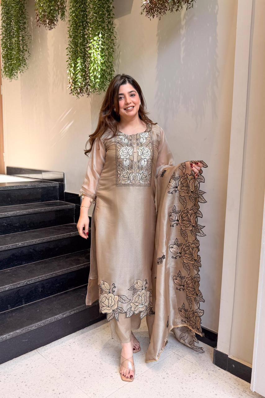 Designer Jimmy Choo Silk Embroidered Suit Set with Dupatta | Indian Wedding Guest Dress