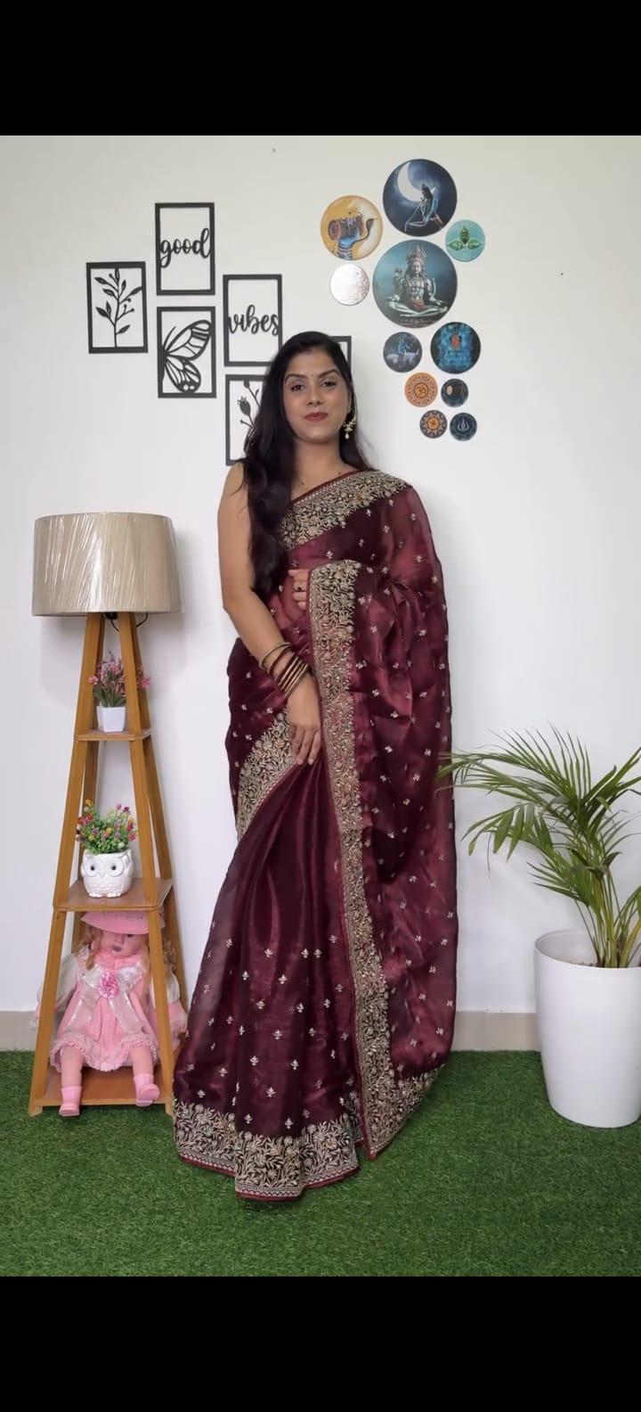 Maroon Georgette Saree with Embroidery & Sequin Work