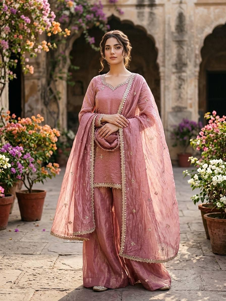 Designer Fendy Silk Sharara Suit Set: Rosy Pink Embroidery, Real Mirror Work Festive Wear