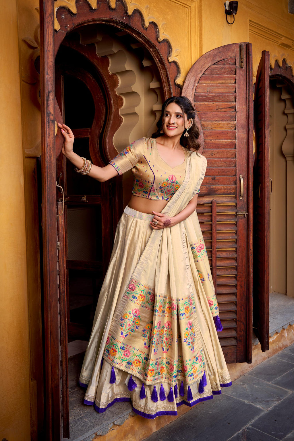 Paithani Silk Lehenga Choli — Cream & Gold Zari Weave