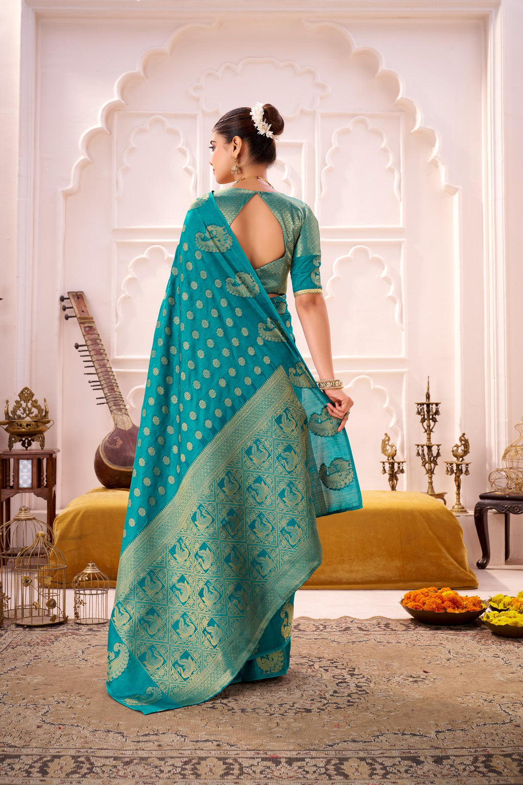 Firozi Green Pure Lichi Silk Saree — South Indian Style