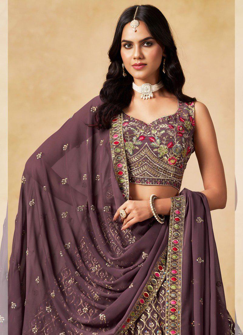 Designer Indian Wedding Lehenga Choli: Dark Brown Georgette Embroidery (Made To Order)