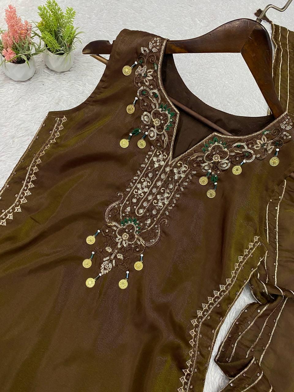 Dark Olive Cose Moss Salwar Suit | Sequence Embroidery, Bead-Coins Tassels