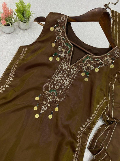 Dark Olive Cose Moss Salwar Suit | Sequence Embroidery, Bead-Coins Tassels