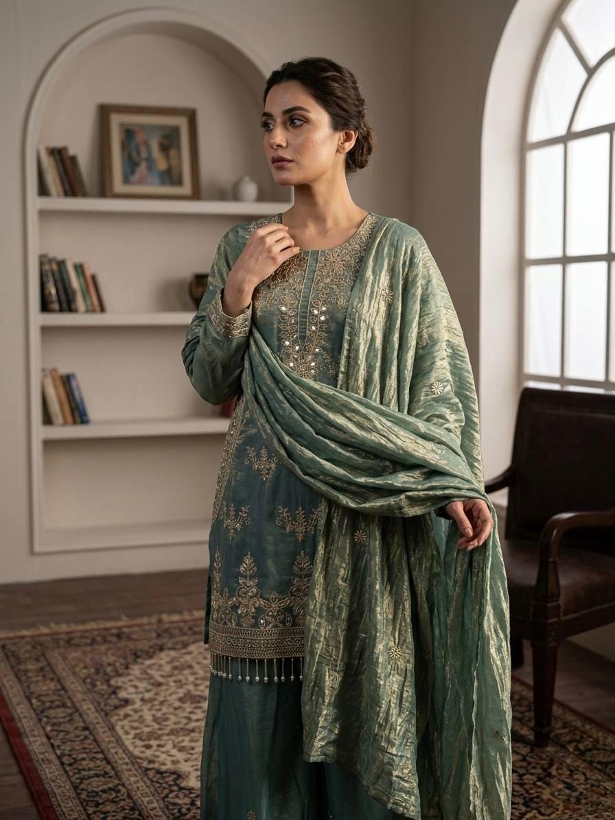 Designer Dusty Green Silk Embroidered Salwar Set with Dupatta | Wedding Party Wear