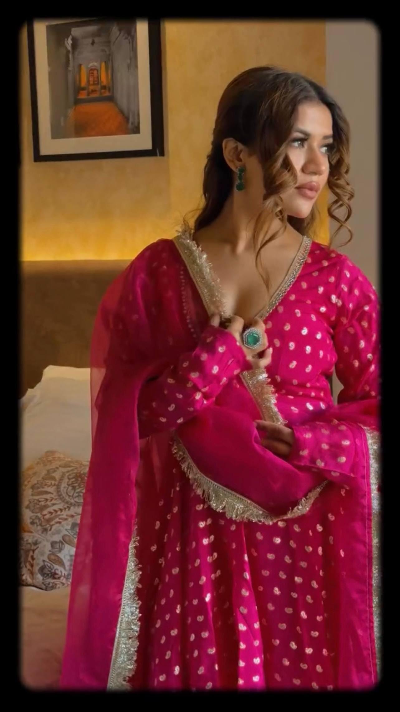 Royal Pink Jacquard Chanderi Silk Kurti Sharara Suit with Real Mirror Work, Net Dupatta