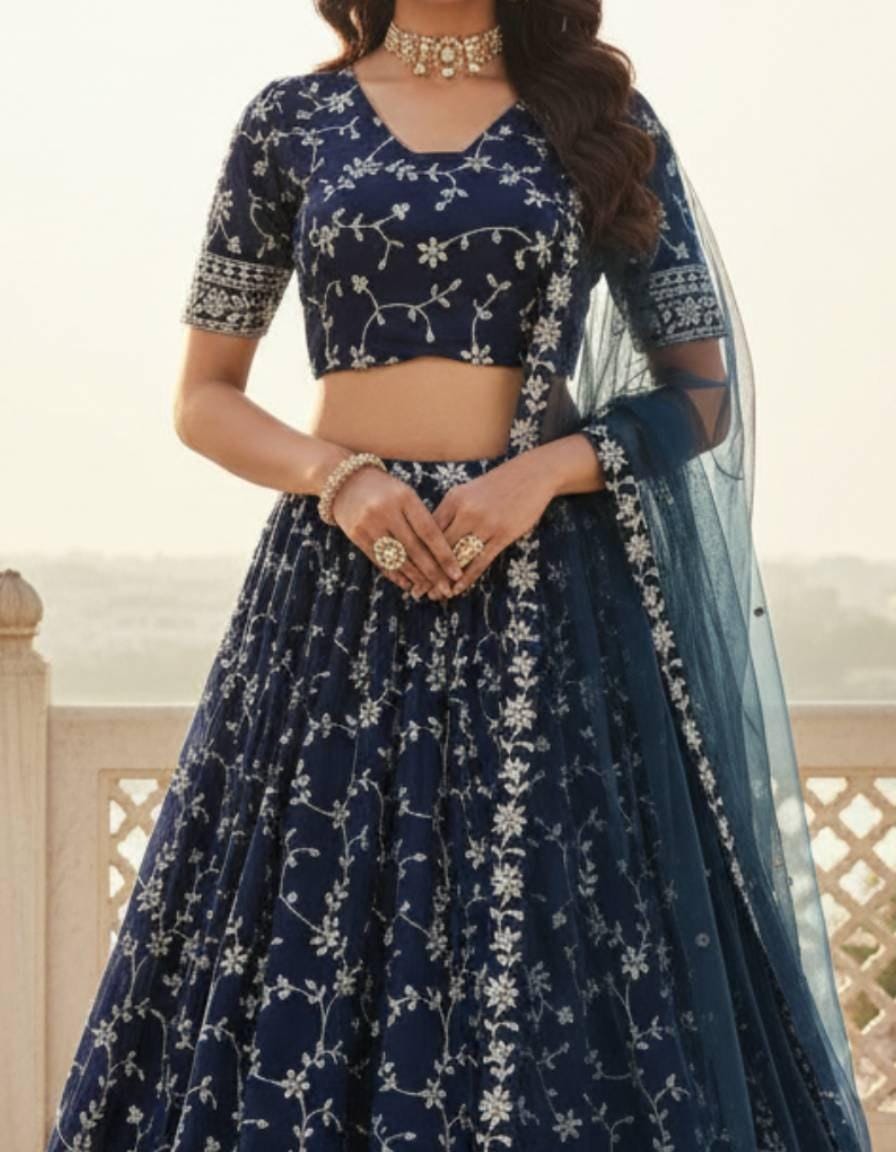 Designer Indian Wedding Lehenga Choli Set: Royal Blue Georgette Embroidery (Made To Order)