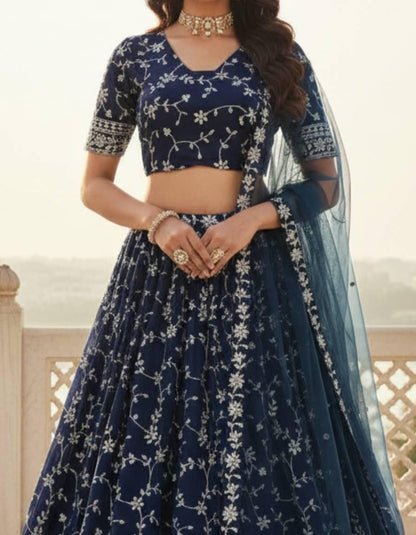 Designer Indian Wedding Lehenga Choli Set: Royal Blue Georgette Embroidery (Made To Order)