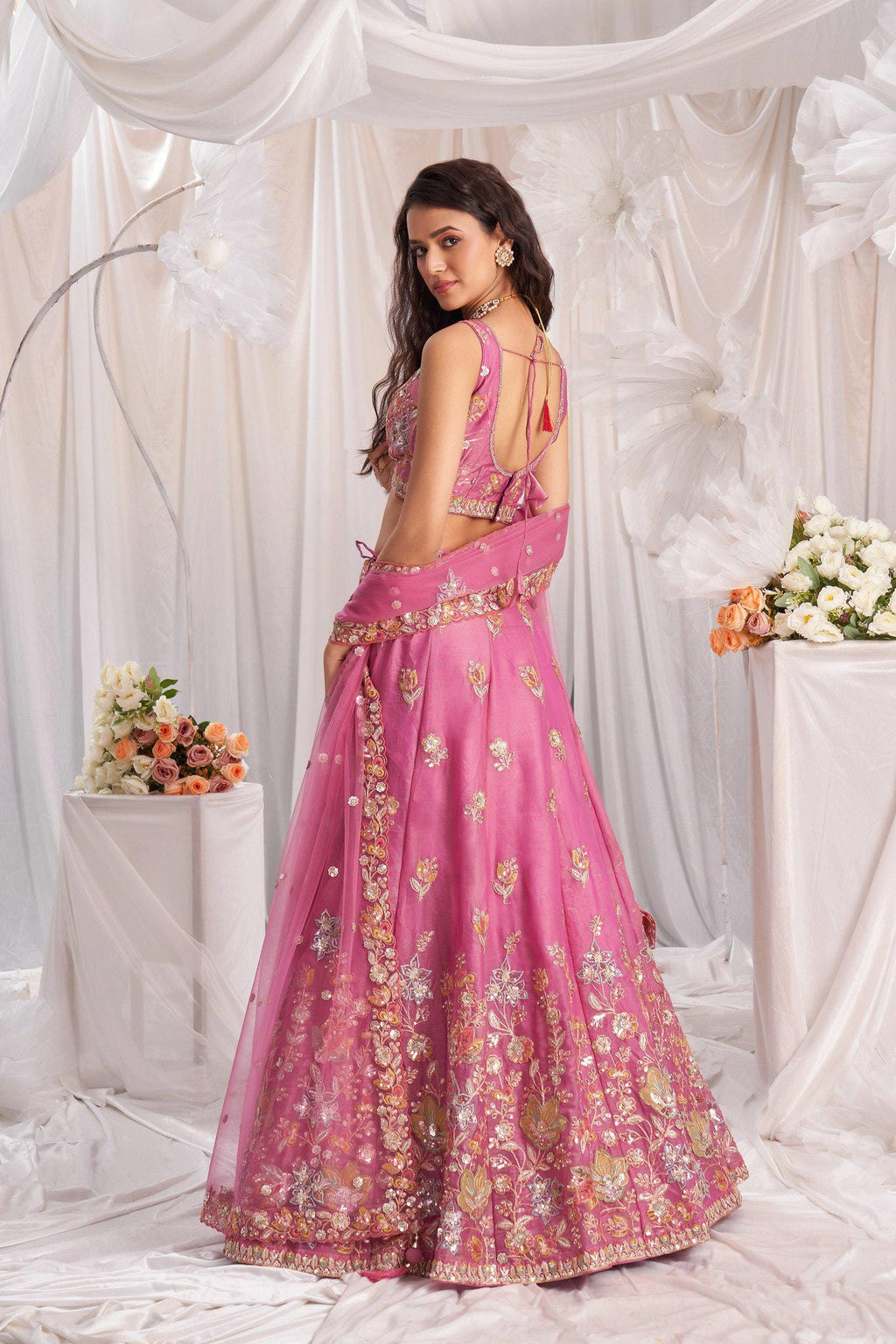 Baby Pink Embroidered Fandy Silk Lehenga Choli Set, Wedding Wear Dupatta