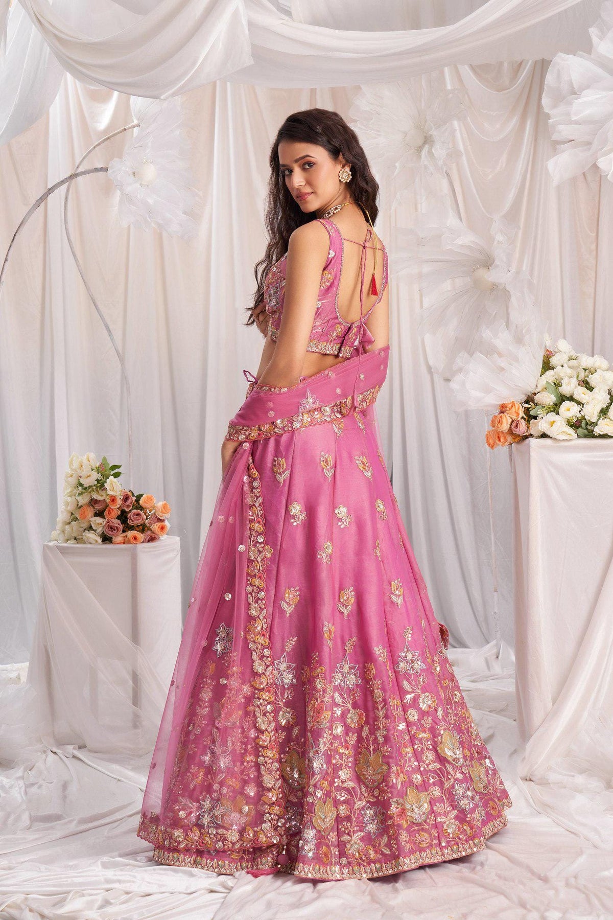 Baby Pink Embroidered Fandy Silk Lehenga Choli Set, Wedding Wear Dupatta