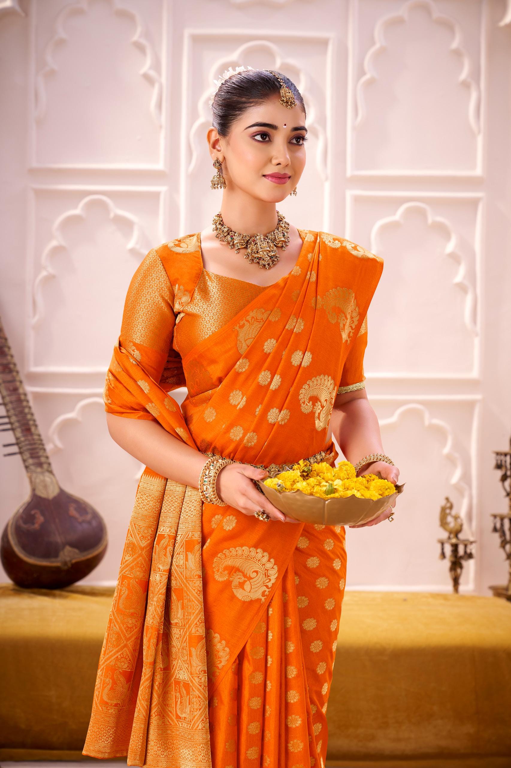 Firozi Green Pure Lichi Silk Saree — South Indian Style