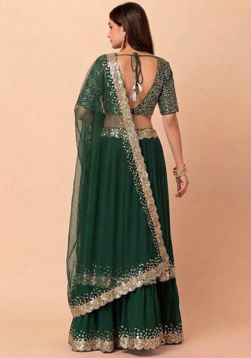 Designer Indian Wedding Lehenga Choli: Dark Green Georgette Embroidery Sequins Work (Made To Order)