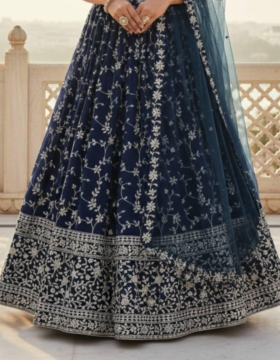 Designer Indian Wedding Lehenga Choli Set: Royal Blue Georgette Embroidery (Made To Order)
