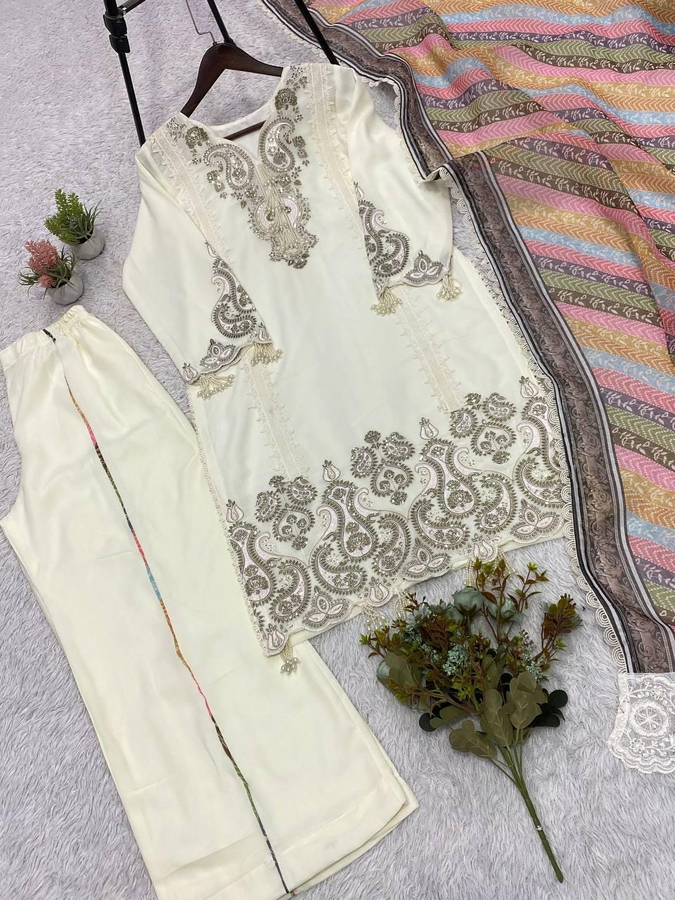 Star Georgette Sequence Embroidery Top Palazzo Set | Printed Organza Dupatta, Indian Wedding Wear