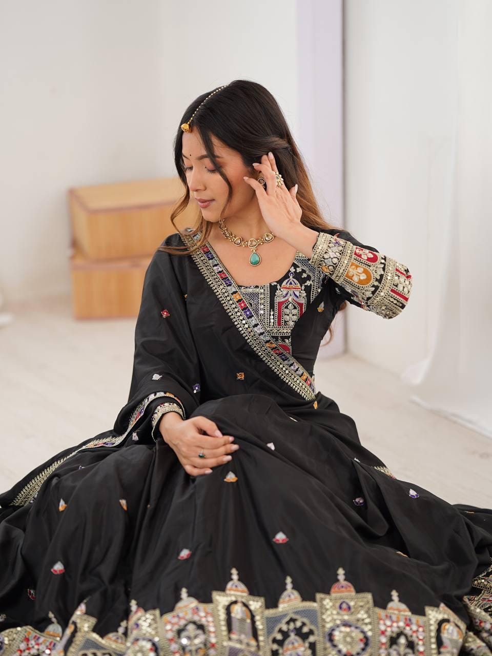 Designer Indian Wedding Lehenga Choli: Midnight Black Georgette Embroidery Sequins Work (Made To Order)
