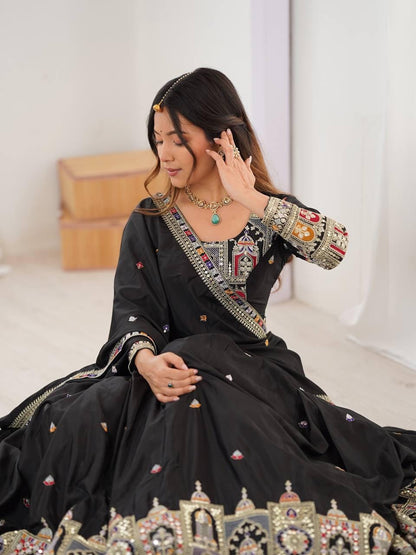 Designer Indian Wedding Lehenga Choli: Midnight Black Georgette Embroidery Sequins Work (Made To Order)