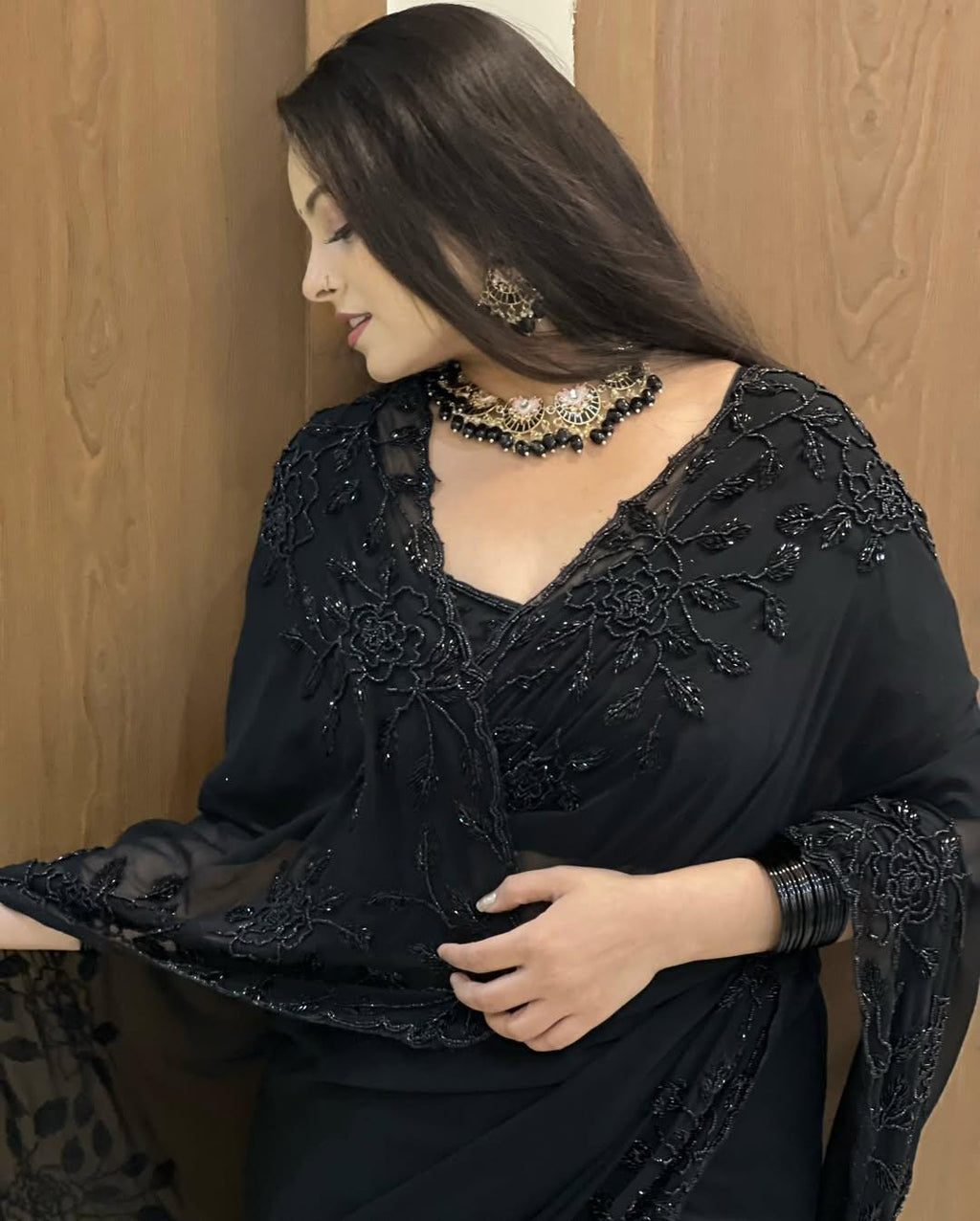 Black Fox Georgette Saree with Beadwork & Cutwork Border