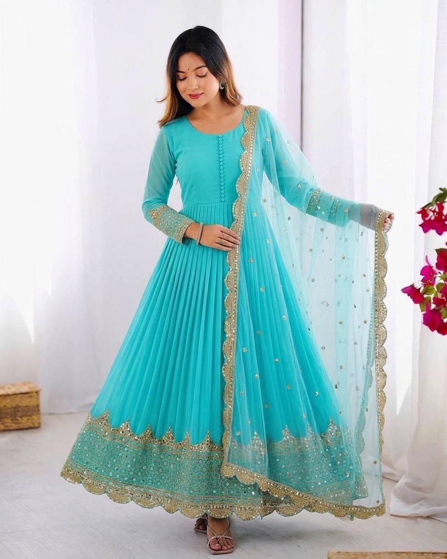 Embroidered Anarkali Gown Set, Faux Georgette Sequence Work, Ready to Wear Ethnic Dress