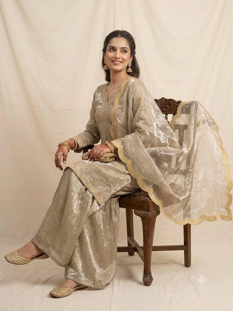 Indian Festival Designer Beige Gold Fendy Silk Sequence Embroidery Work Top, Palazzo & Dupatta Set