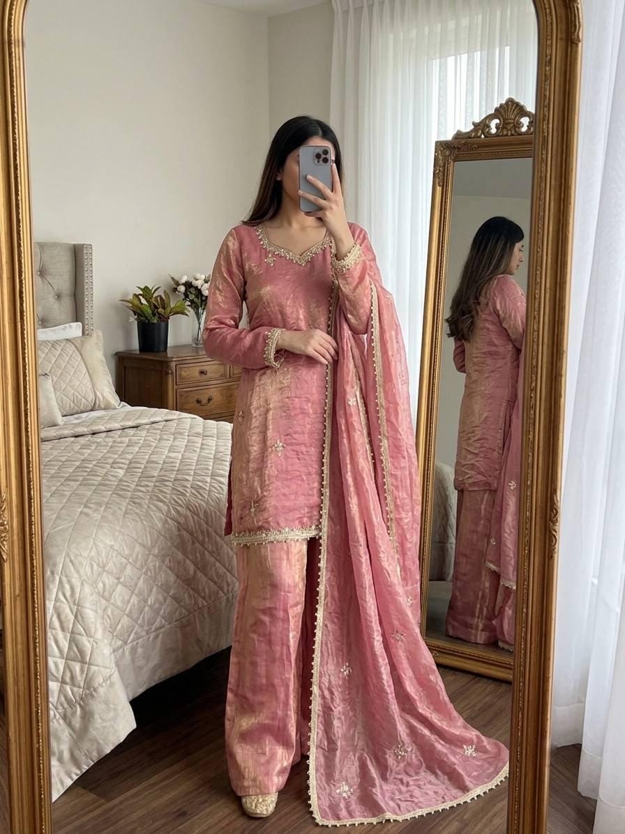 Designer Fendy Silk Sharara Suit Set: Rosy Pink Embroidery, Real Mirror Work Festive Wear