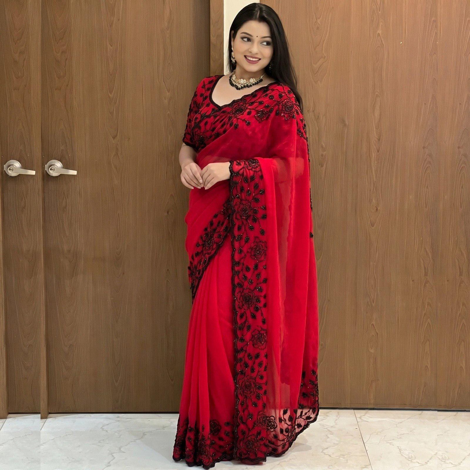 Black Fox Georgette Saree with Beadwork & Cutwork Border