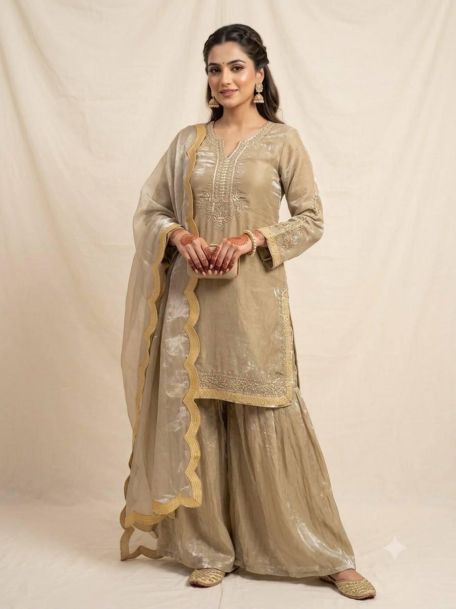 Indian Festival Designer Beige Gold Fendy Silk Sequence Embroidery Work Top, Palazzo & Dupatta Set