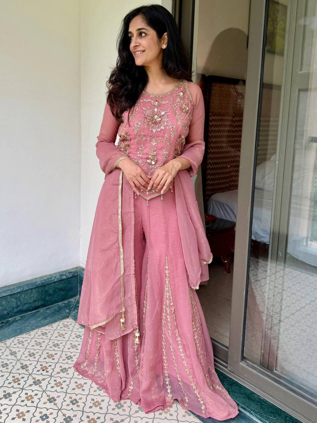 Designer Baby Pink Fendy Silk Embroidery Coding & Sequence Work Sharara Suit Set Custom Stitched