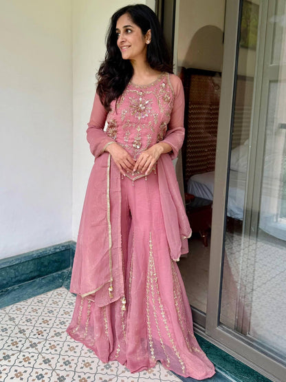 Designer Baby Pink Fendy Silk Embroidery Coding & Sequence Work Sharara Suit Set Custom Stitched