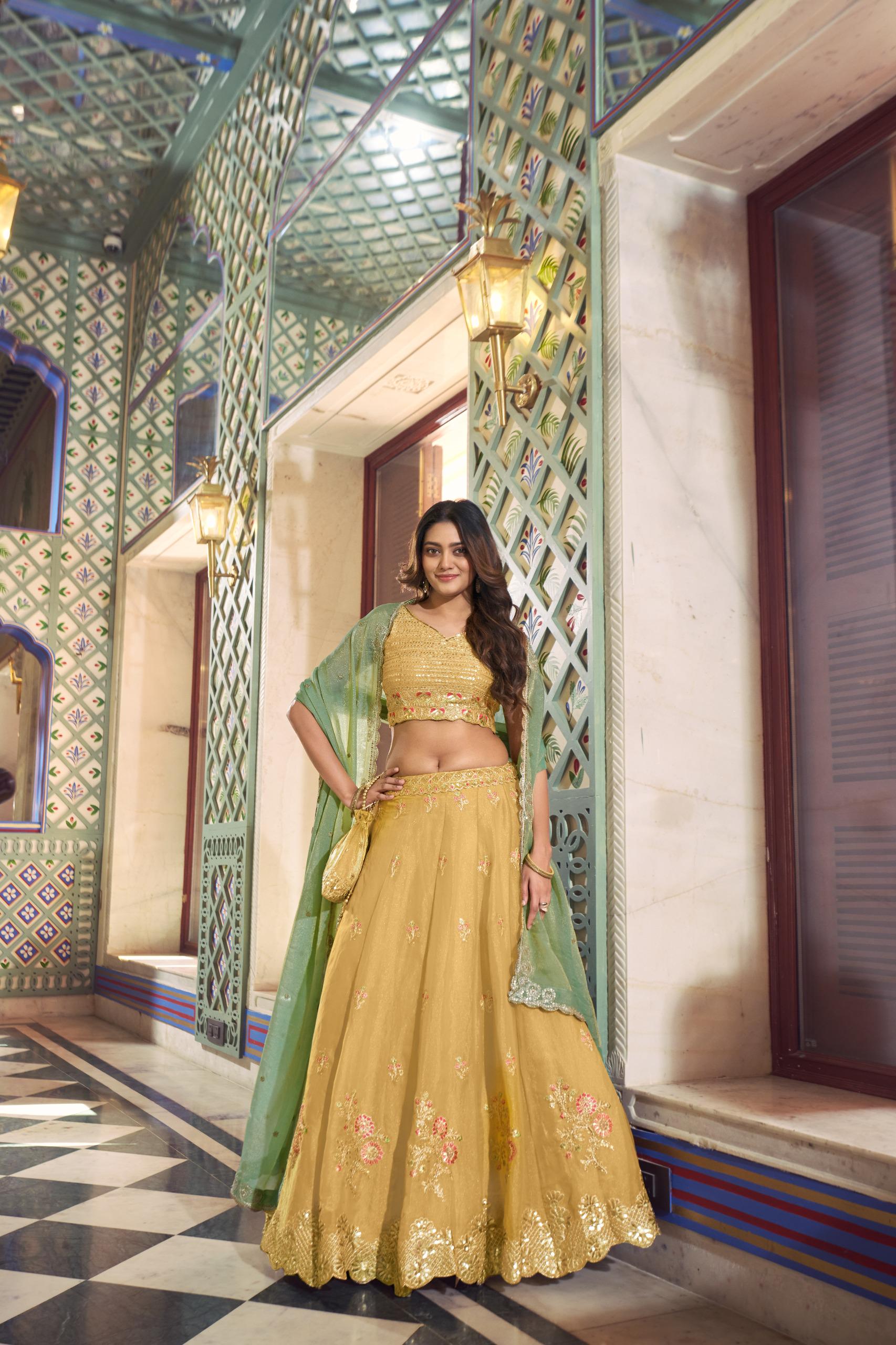 Pure Cotton Yellow Lehenga Choli Set: Gamthi Mirror Work, Matching Purse