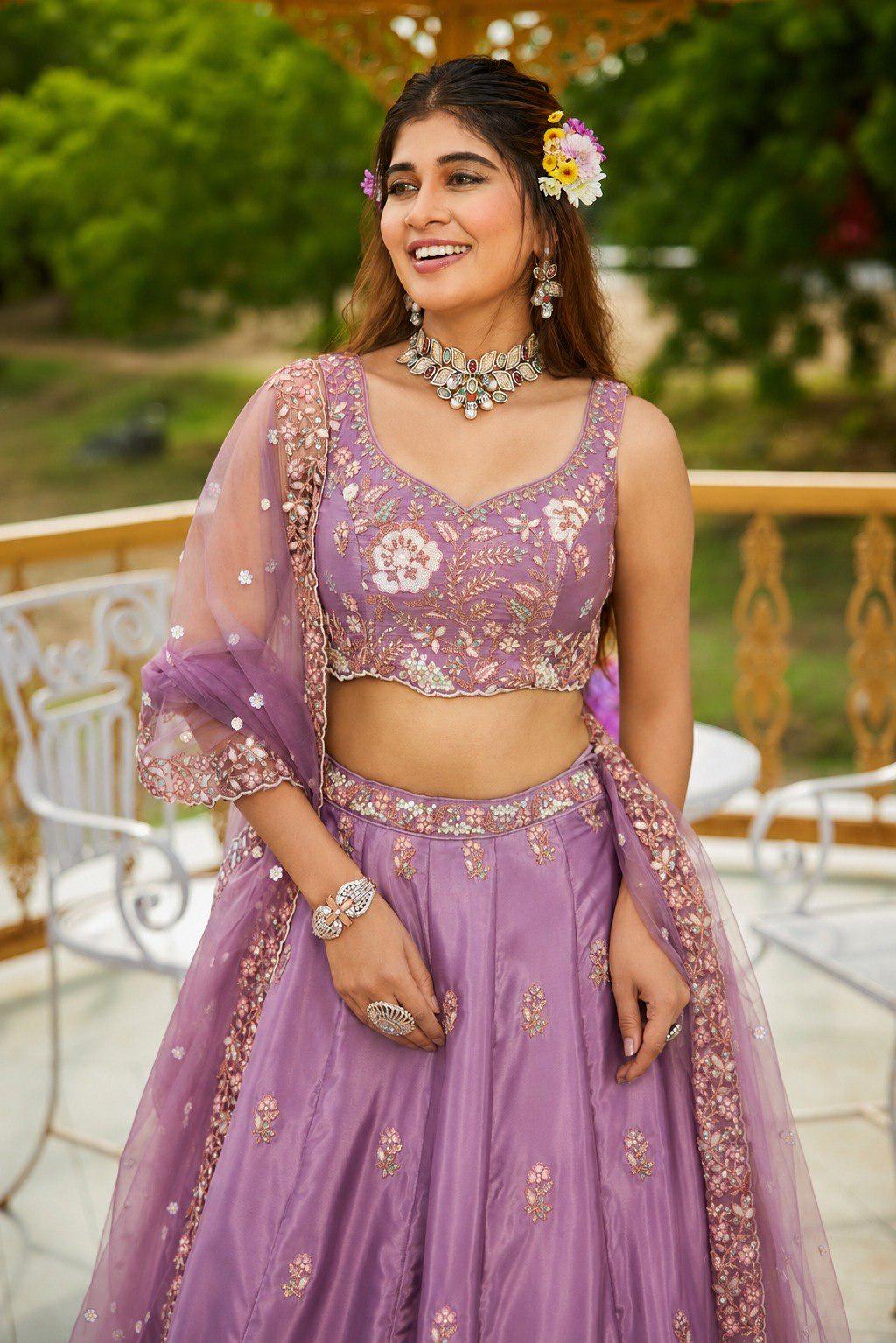 Dusty Purple Embroidered Lehenga Choli Set, French Crepe Dupatta, Wedding Wear