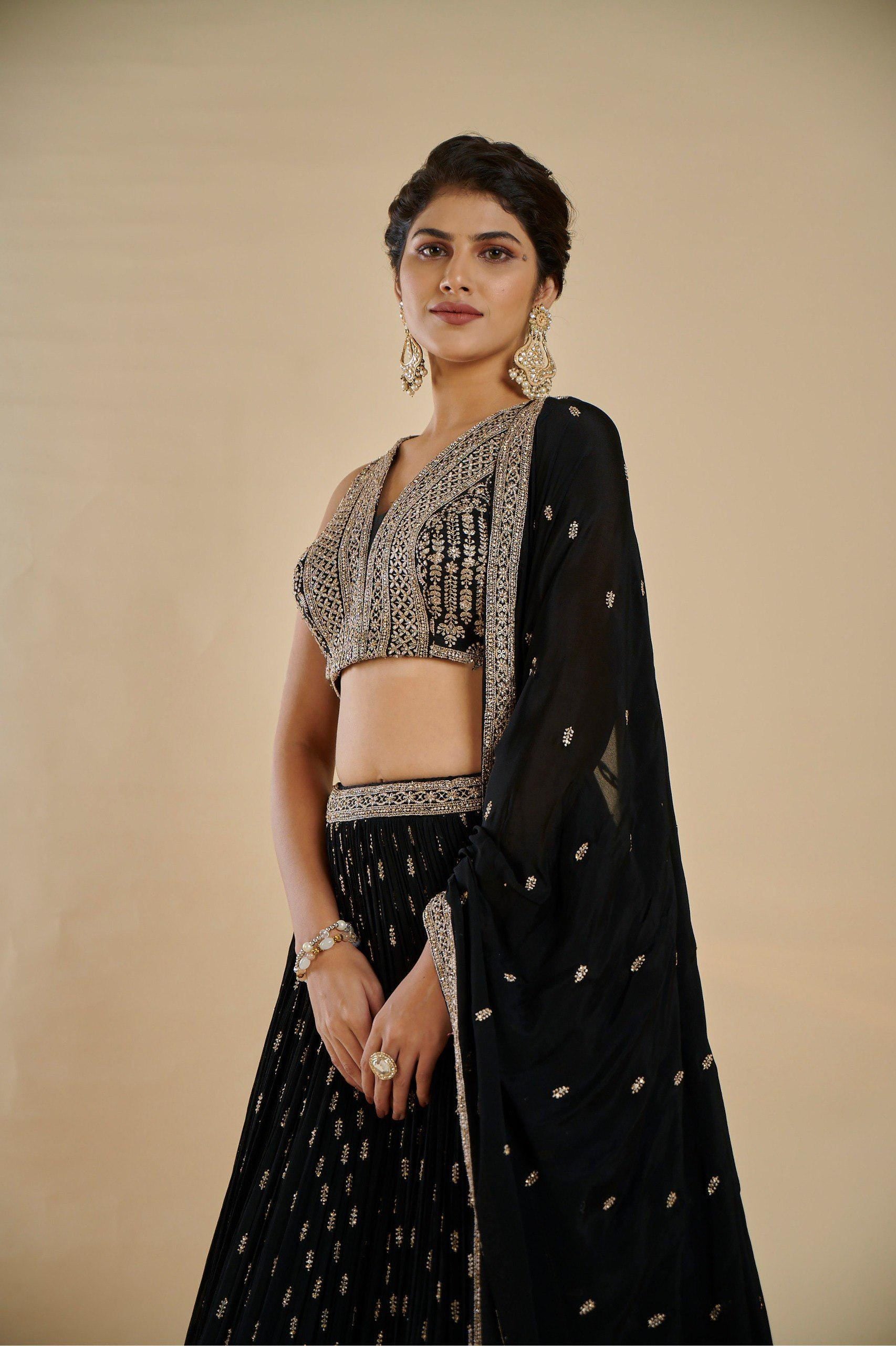 Designer Black Georgette Lehenga Choli: Zari Embroidery Sequins Work (Made To Order)