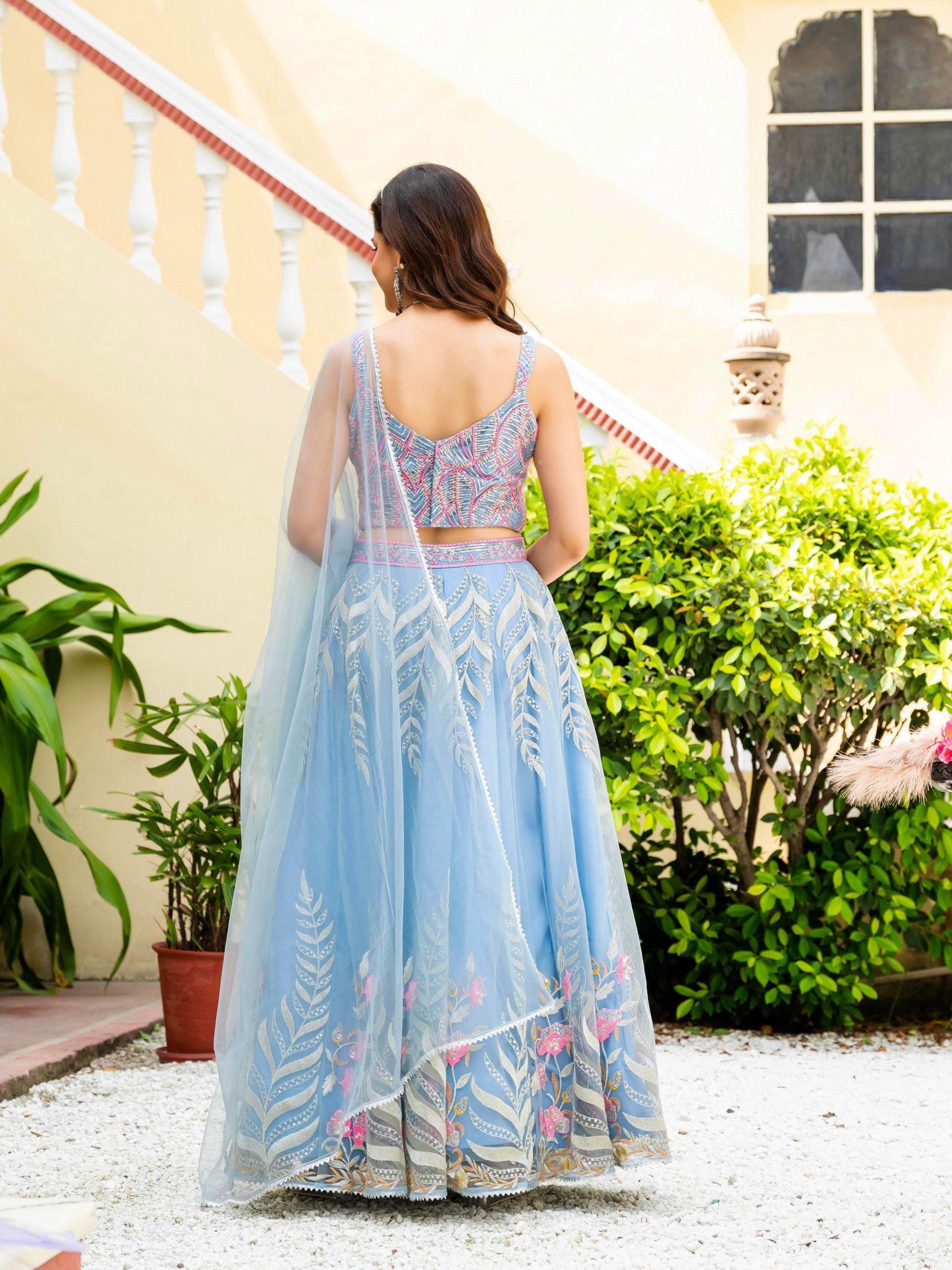 Designer Indian Wedding Lehenga Choli: Sky Blue Soft Net Embroidery Custom Stitched Blouse