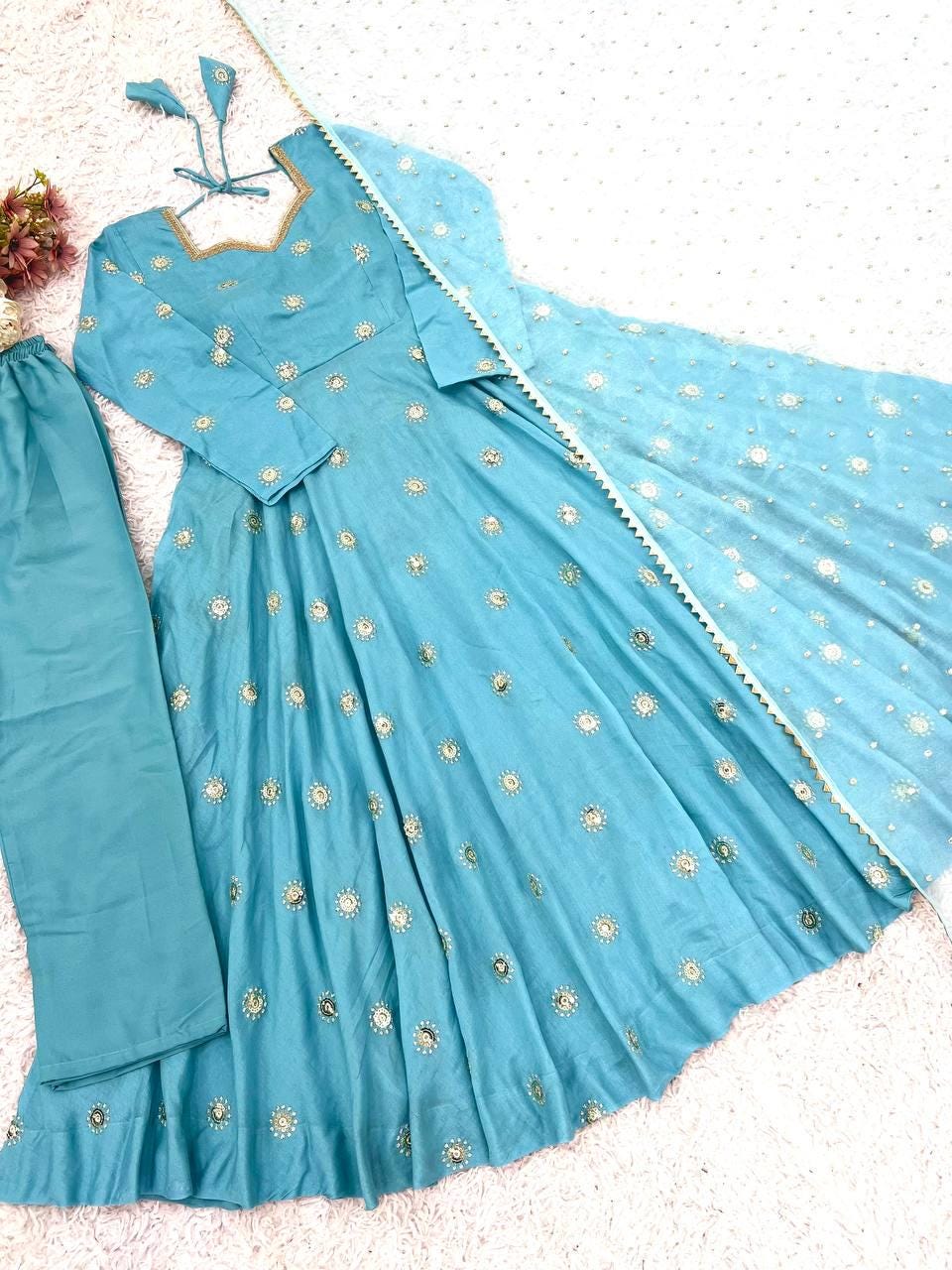 Blue Silk Gown, Long Sleeve Mirror Work, Full Flair Prom Dress