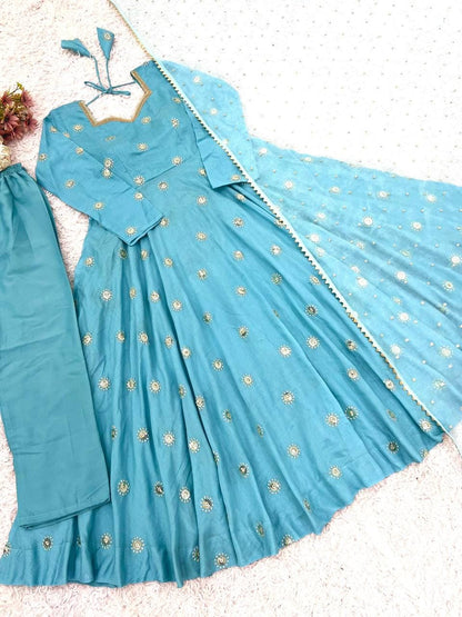 Blue Silk Gown, Long Sleeve Mirror Work, Full Flair Prom Dress