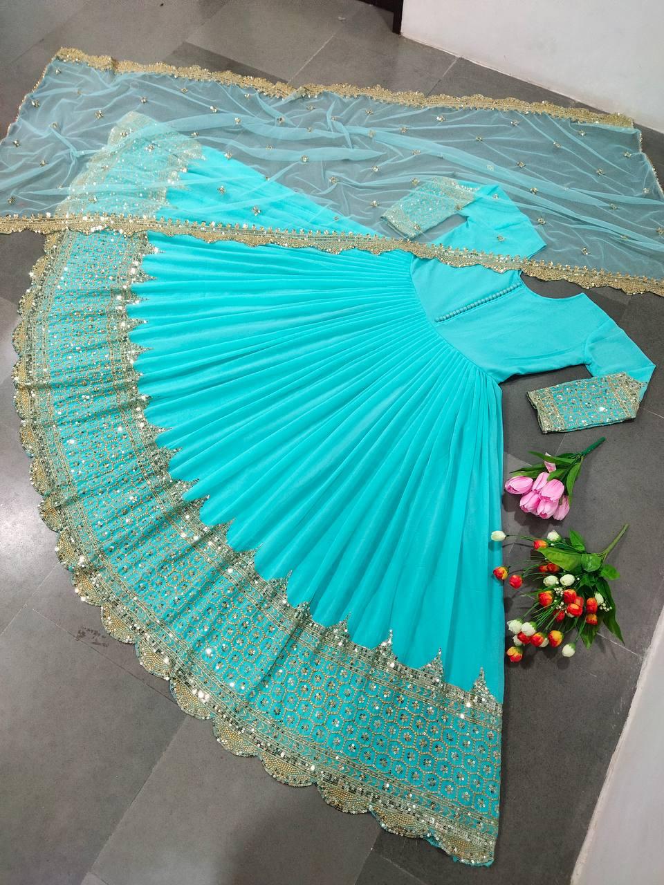 Embroidered Anarkali Gown Set, Faux Georgette Sequence Work, Ready to Wear Ethnic Dress