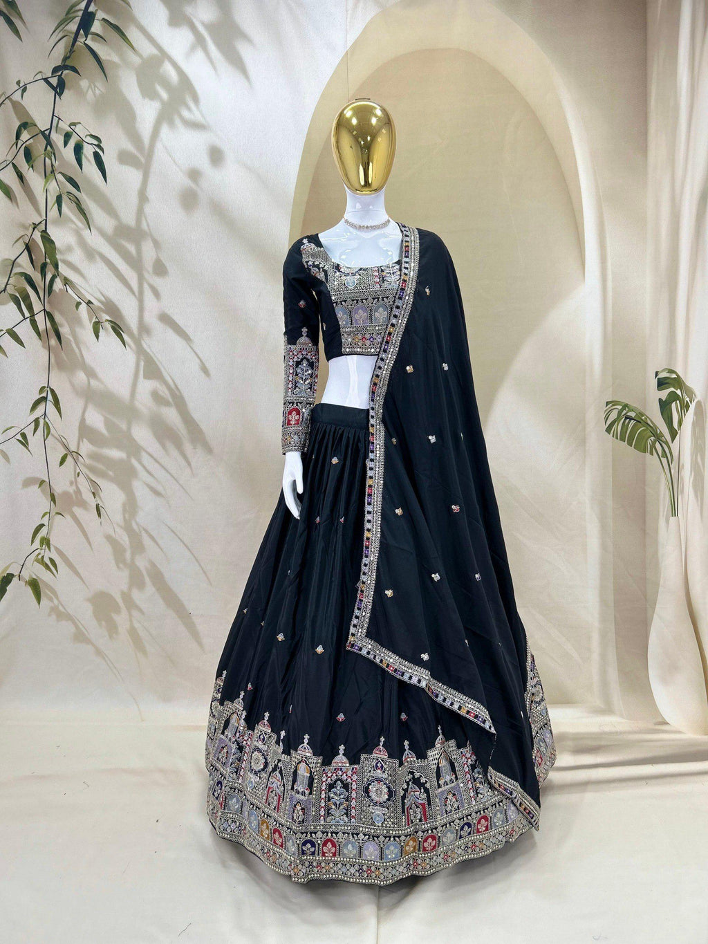 Designer Indian Wedding Lehenga Choli: Midnight Black Georgette Embroidery Sequins Work (Made To Order)