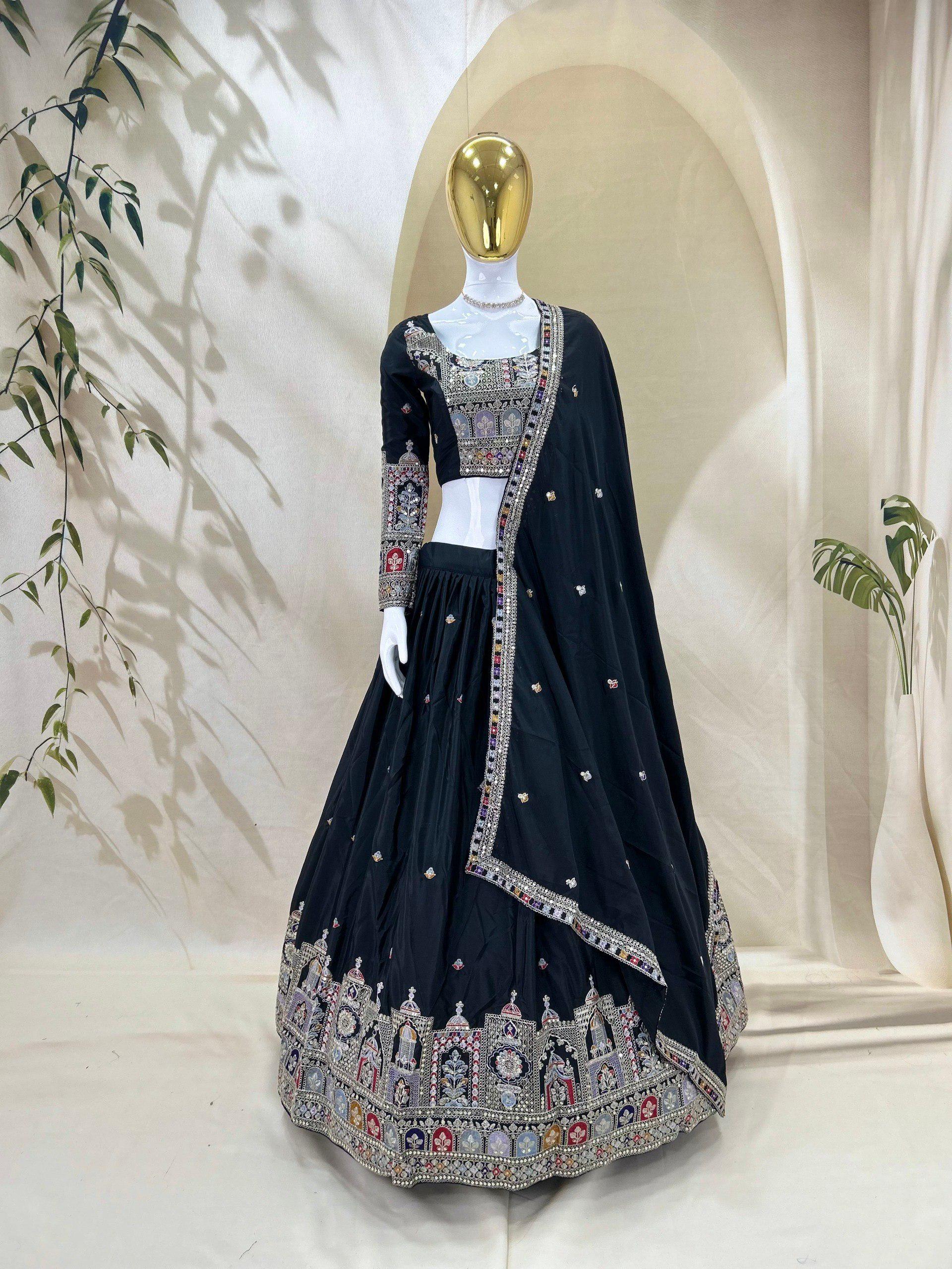 Designer Indian Wedding Lehenga Choli: Midnight Black Georgette Embroidery Sequins Work (Made To Order)