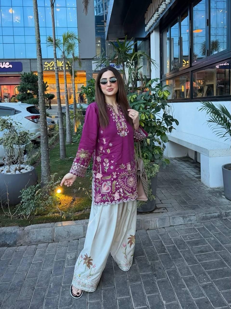 Designer French Crape Embroidered Kurti Salwaar Set | Purple Off-White Ethnic Dress