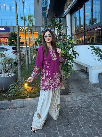 Designer French Crape Embroidered Kurti Salwaar Set | Purple Off-White Ethnic Dress