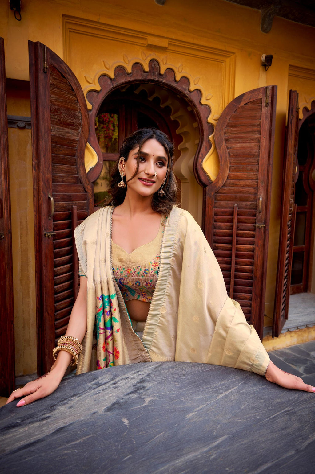 Paithani Silk Lehenga Choli — Cream & Gold Zari Weave