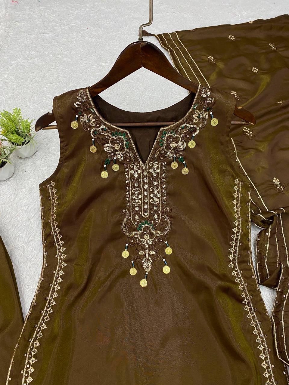 Dark Olive Cose Moss Salwar Suit | Sequence Embroidery, Bead-Coins Tassels
