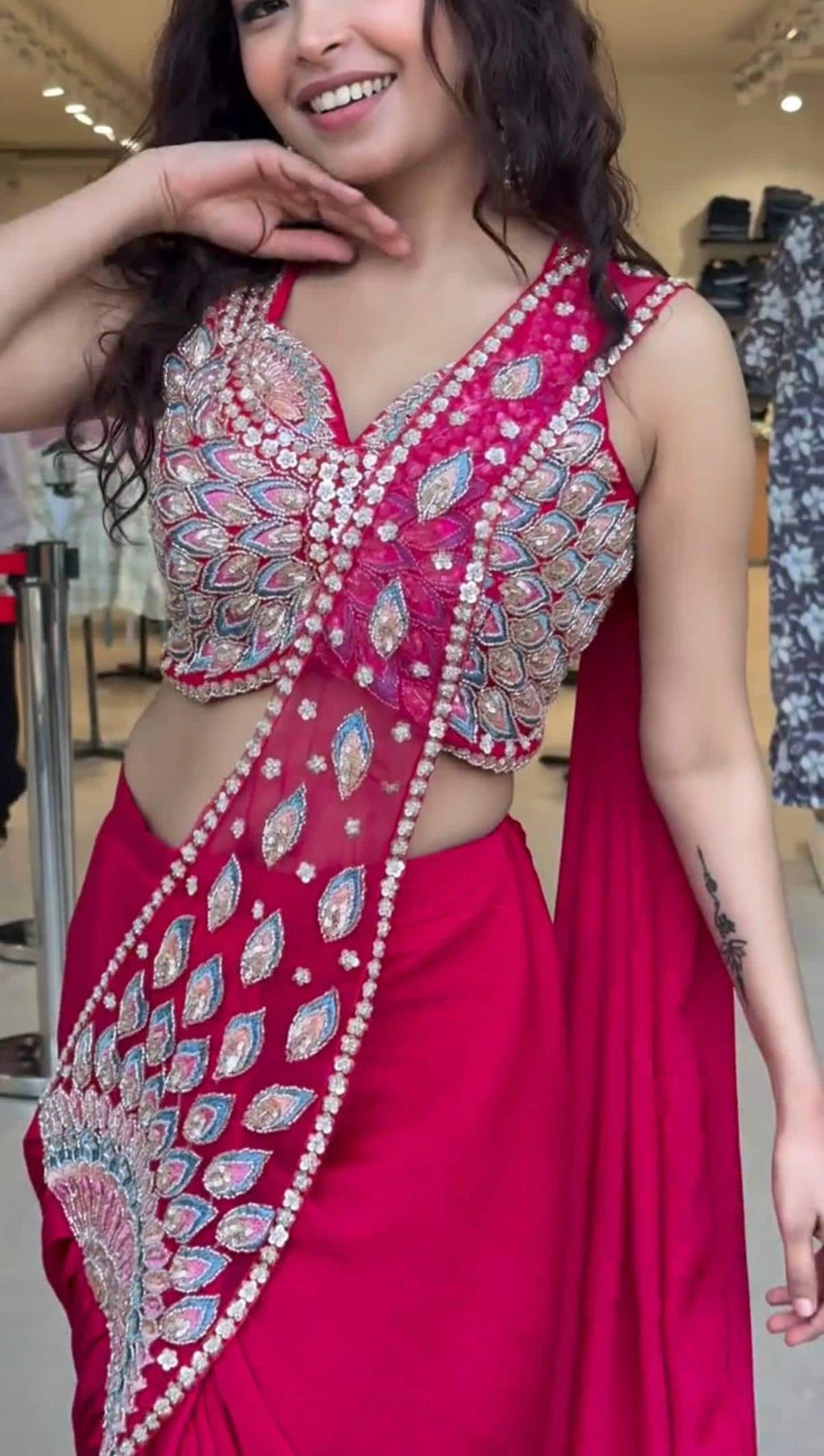 Ready-to-Wear Red Faux Georgette Saree with Sequin Work