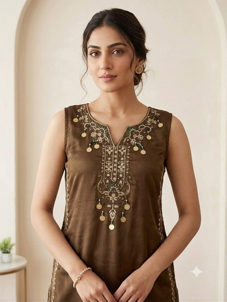 Dark Olive Cose Moss Salwar Suit | Sequence Embroidery, Bead-Coins Tassels
